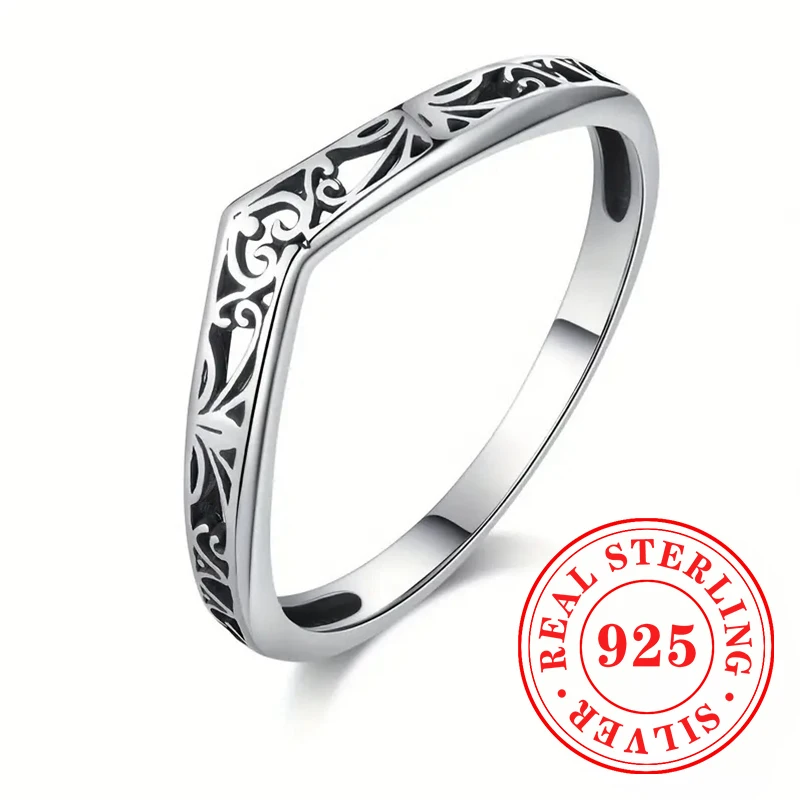 Huitan 925 Sterling Silver Vintage Rings for Women Carved Pattern Hollow-out Finger Accessory Exquisite Punk Party Jewelry Gifts