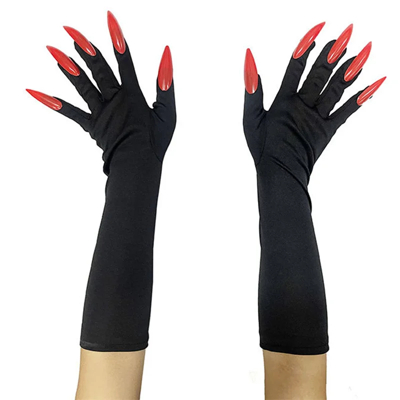 40cm Halloween Cosplay Compulsion Fashionable Personality Stretch Ghost Claw Red Black Long Nail Gloves Stage Performance Solid