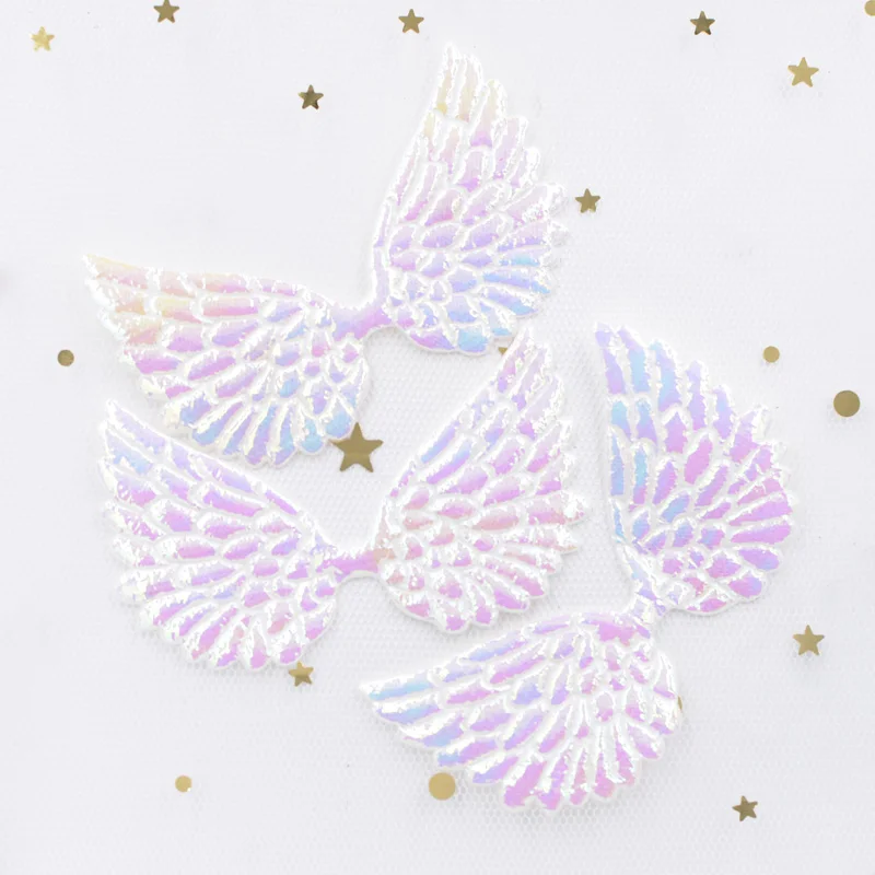 20Pcs 75*43mm Glitter AB Colors Angel Wing Appliques Double Sided Iridescent Fairy Wing Patches for Bowknot Bow Tie Ornament