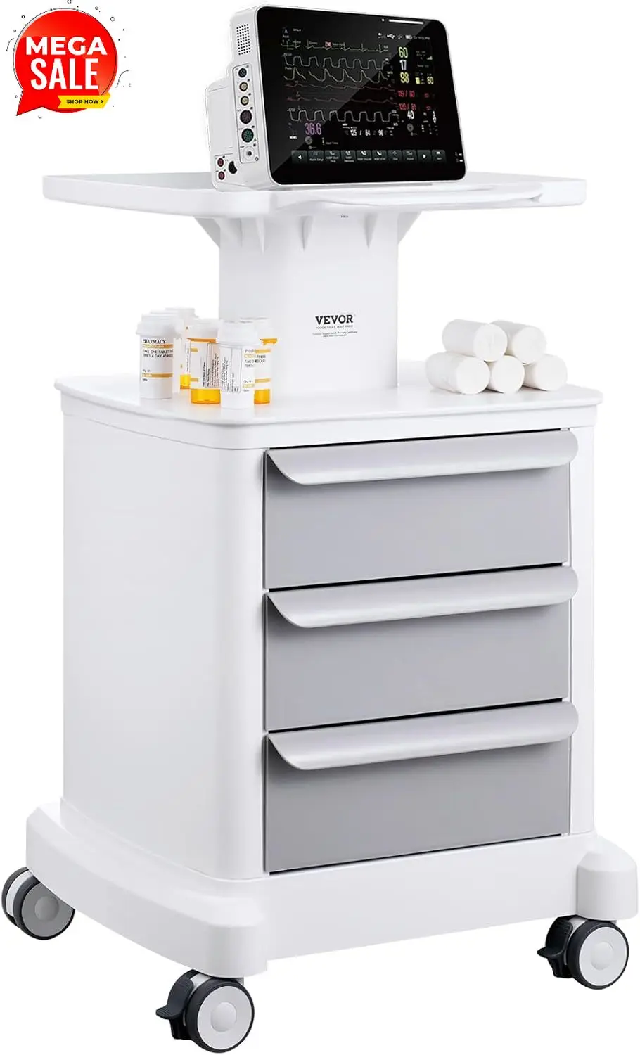 4 Tiers Lab Carts, Lab Utility Cart with 3 Drawers & 1 Top Tray, Mobile Medical Cart with ABS Material, Lab Rolling Cart with 4