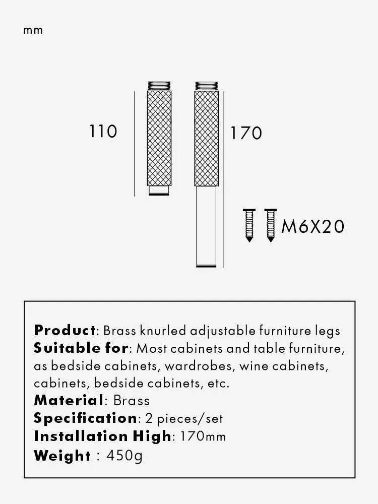 Nurlin Brass Knurled Diamond Cut Pattern Adjustable Height Furniture Cabinet Foot Firmly Supported Knurling Legs Black Gold