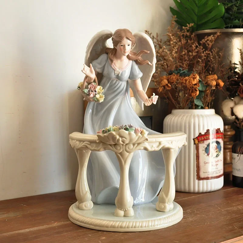 Home Craft Ceramic Flower Fairy Angel Figurine Flower Basket Angel Girl Sculpture Retro Desktop Ornament Exquisite Birthday Gift