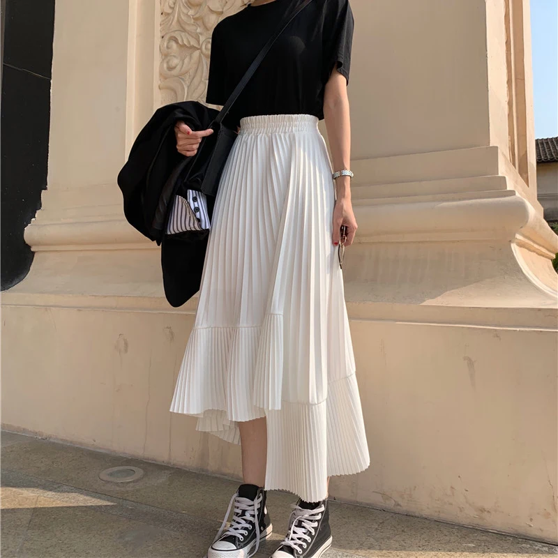 Big Swing Ruffles Hem Skirts Women Fashion White Black Vintage Elegant Pleated Skirt Lady Elastic High Waist Mid Calf Midi Skirt