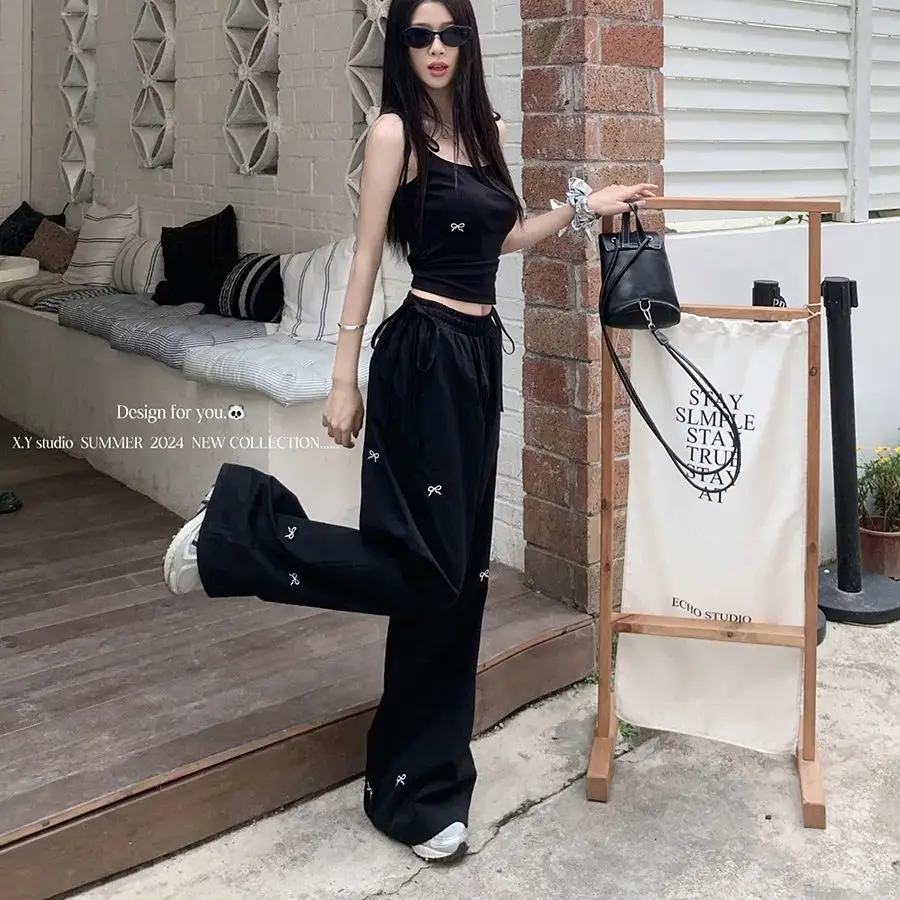 Sexy bow embroidered black camisole + bow embroidered lace-up casual wide-leg pants