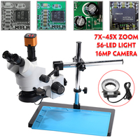 MUSTOOL 7~45X Zoom Magnification Stereo 16MP Camera Microscope For Industrial PCB Repair All-metal Pillar Stand 56LED Ring Light