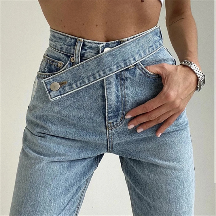  Zekye  Women's Pants Straight Floor Pants High Waist Oblique Belt Loose Wide-leg Denim Trousers Y2k Clothes Women Pants 