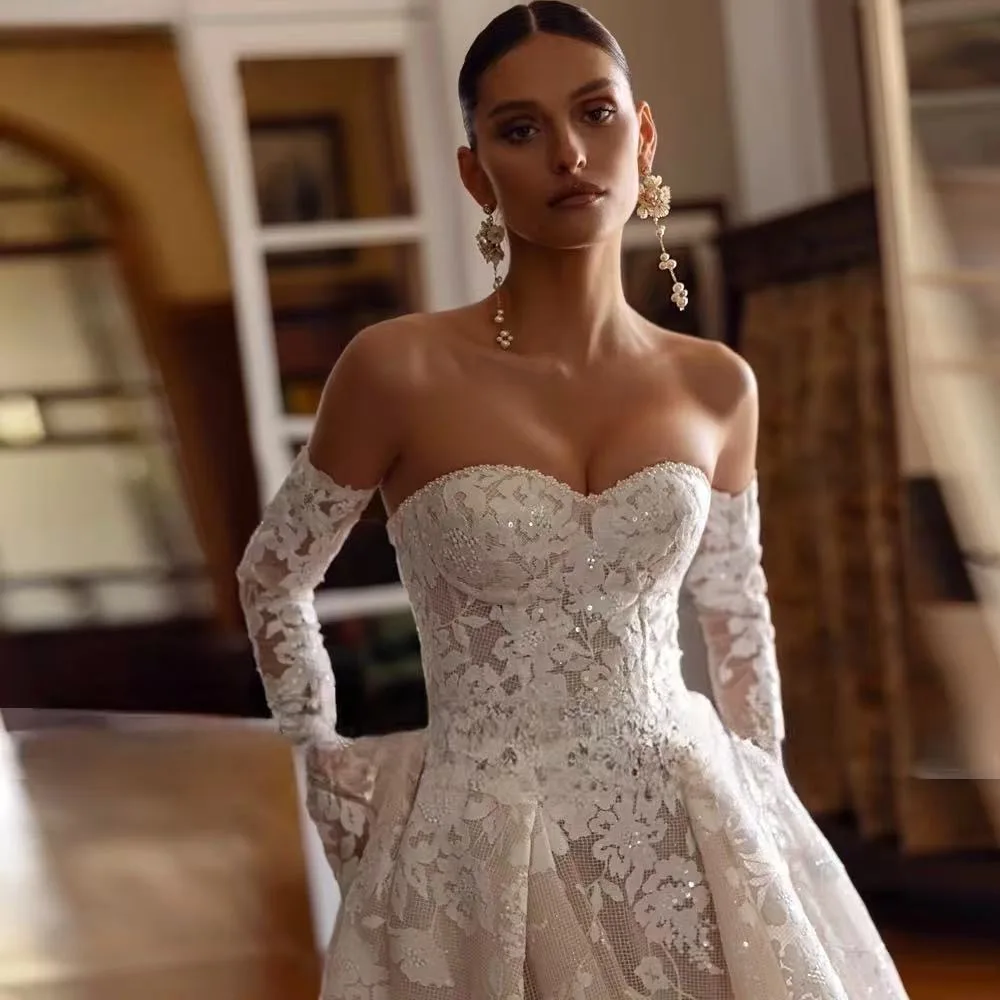 فساتين زفاف رشيقة بدون حمالات على شكل حرف a بأكمام طويلة من فيستدو دي نوفيا عتيقة مطرزة بالدانتيل فستان زفاف مخصص #3