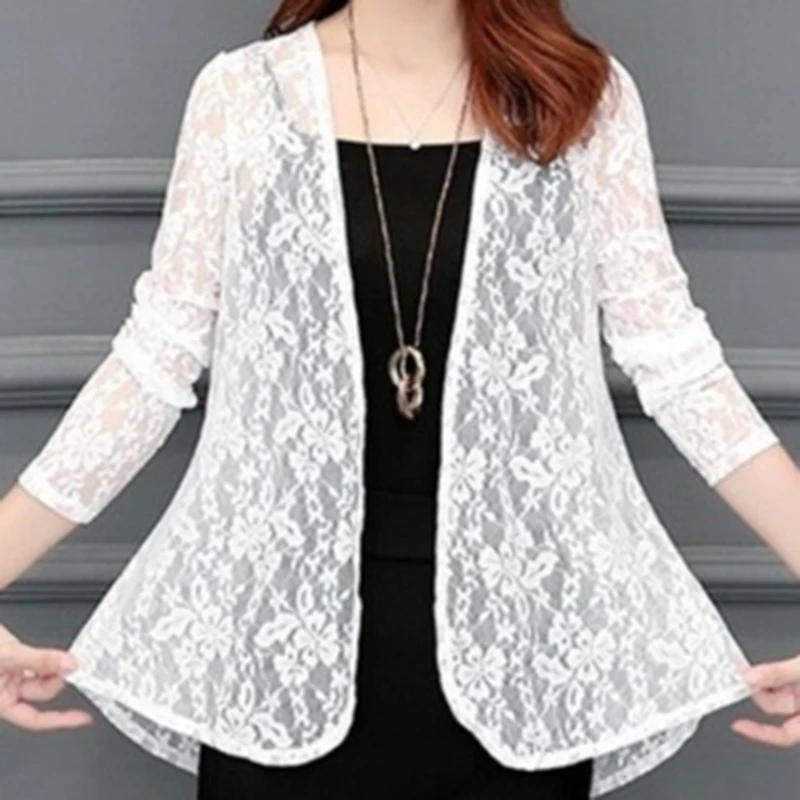 Women Summer Hollow Cardigan Shirt Sunproof Blouse Boho Tops Beach Lace Chiffon Sunscreen Outwear Long Sleeve Casual Shirt Coat