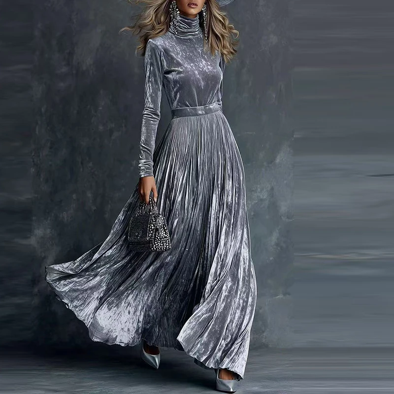 

Fashion Turtleneck Top+Skirt Simple Suit Women's Casual Long Sleeve Solid 2Pc Outfits Elegant Temperament Pleated Long Skirt Set