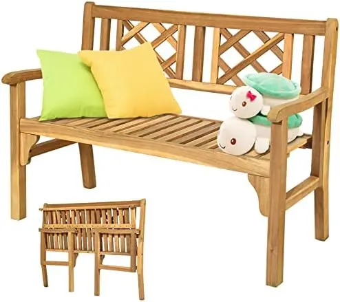 Folding Patio Garden Bench, 4Ft Outdoor Bench with Slatted Seat & Comfort Armrest, 2-Person Acacia Wood Patio Bench