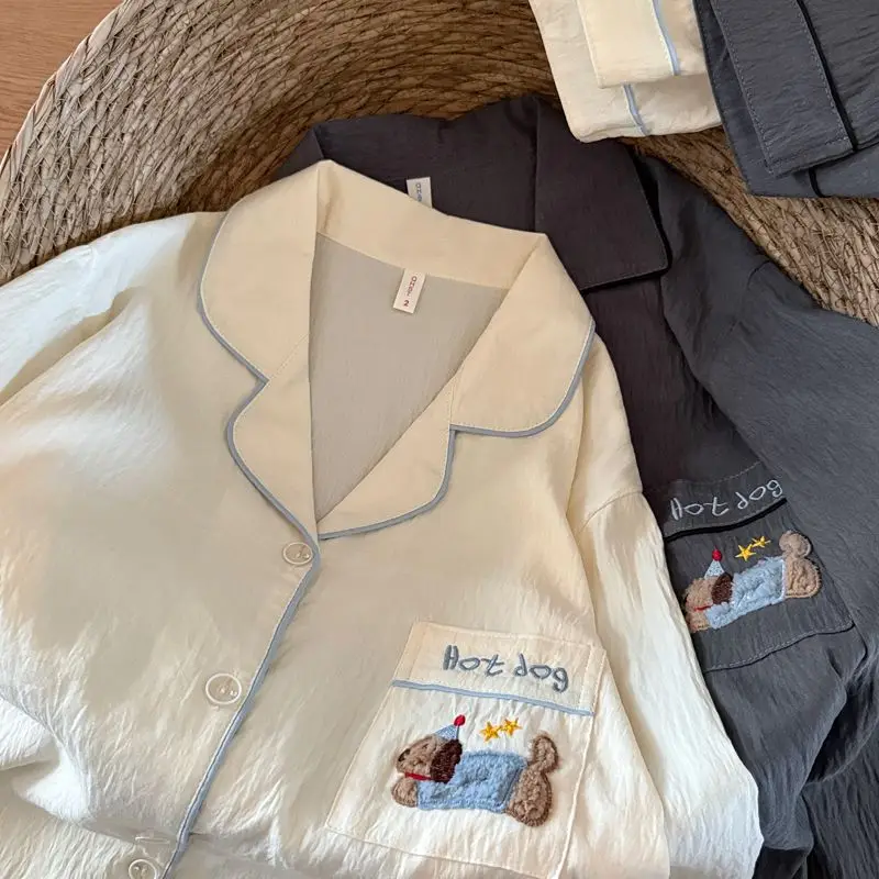 Embroidery Dog Letter Vintage couple set Pyjama 2 Piece Suit Plus Size Casual Soft Pajamas Set Spring New Vintage Sleepwear