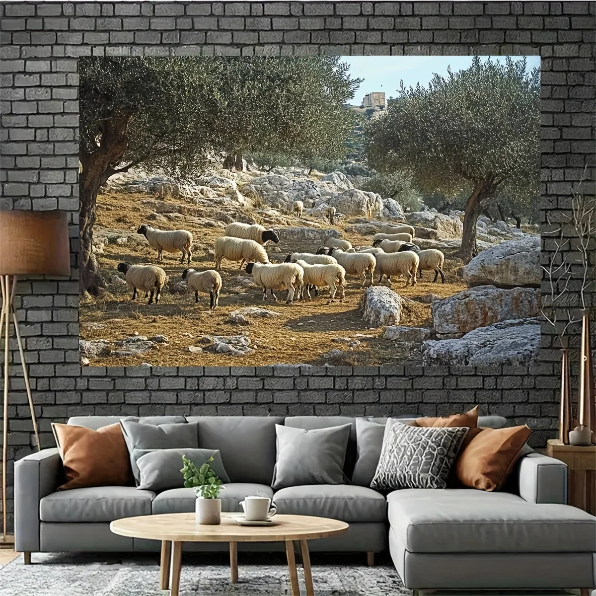 Rustic Sheep Flock Landscape Wall Tapestry Mediterranean Boho Farmhouse Decor Natural Olive Grove Photography Art Print Canvas H