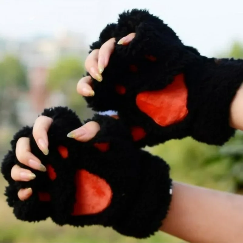 Miękkie, ciepłe, pluszowe rękawiczki bez palców Flip Half Finger Mittens Women Winter Cute Cat Paw Fluffy Glove Fashion Kawaii Accessories