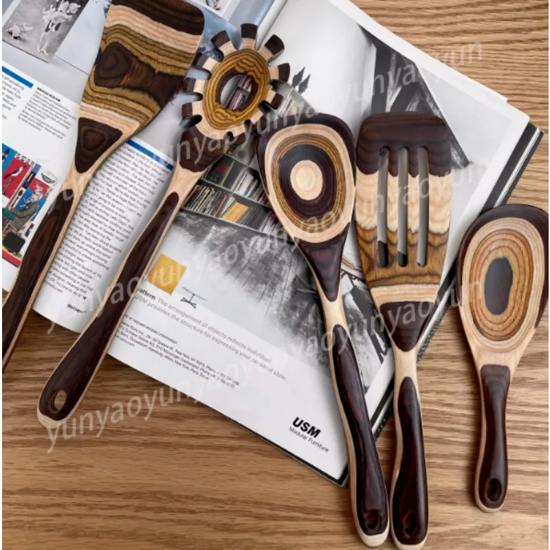 Medieval Moroccan Style Household Gradual Change Color Wooden Spatula, Retro Kitchen Utensils Spatula Set