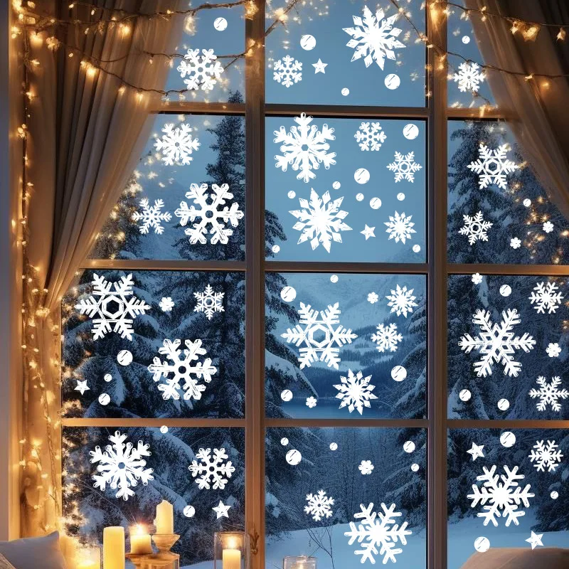 Weihnachtsdekoration Schneeflocken, Statische Fenstersticker für Glas und Schränke, Neujahrs-Klebefreie PVC-Wandaufkleber