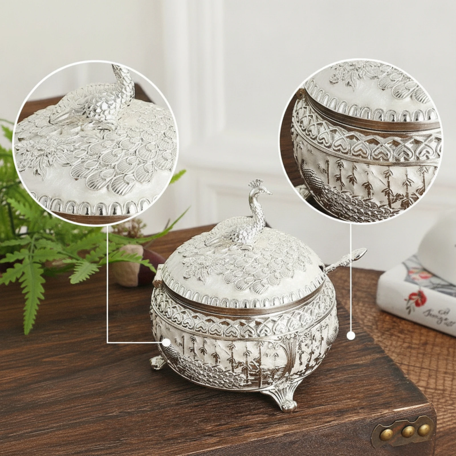 Seasoning Container with Lid and Spoons Embossed Condiment Jar with Spoon Condiment Jar with Spoons Ornate for Hosts