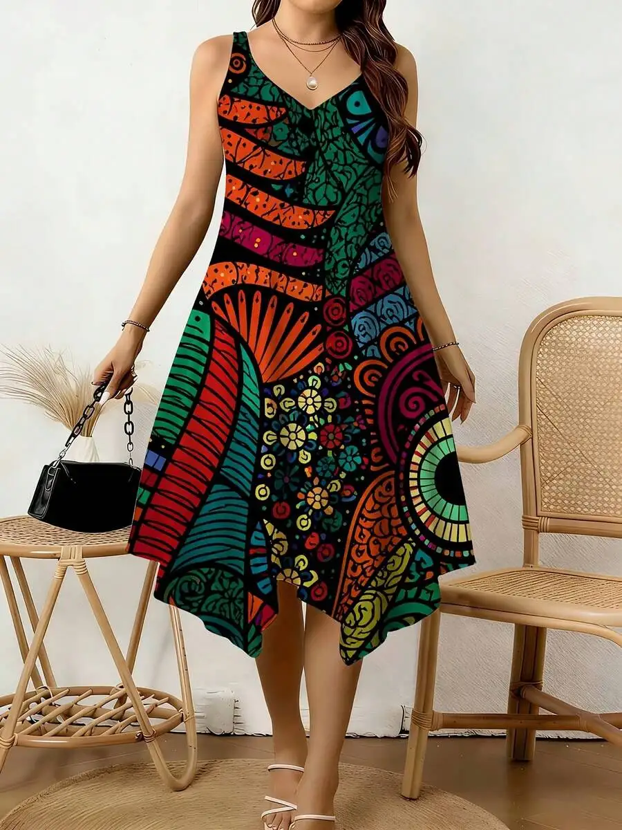 

Women V-Neck Sleeveless Dress Irregular Hem Colorful Print Summer Casual Beach Vacation Dress