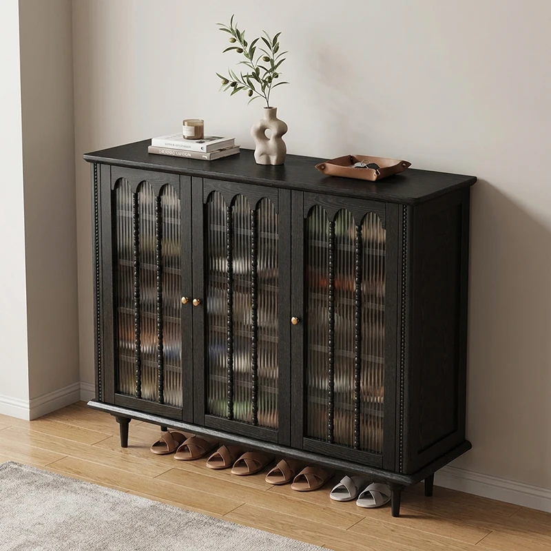 & High Capacity Shoe Rack Wall-mounted Solid Wood shoe Cabinet French Designer Furniture Mid-Century Vintage  Entryway Space