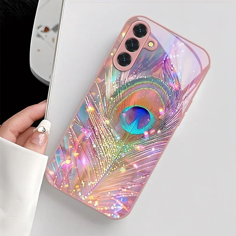 Phone Case Bright pink peacock feathers s26 ultra case s25 Glass phone case for Samsung Galaxy S26 25 24 23 22 21 FE Ultra Plus