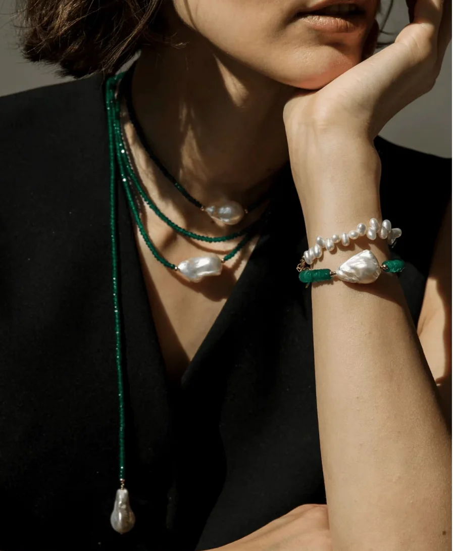 초장형 빈티지 그린 바보 유리 구슬 록 글라스 진주 목걸이