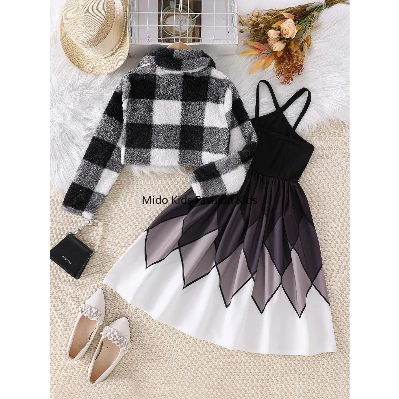 Girls' Two-Piece Set: Long-Sleeved Cardigan Top with Sleeveless Slip Dress and Checkered Jacket for Spring/Autumn