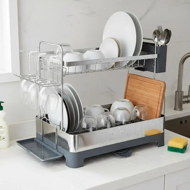 Égouttoir à vaisselle à deux niveaux en acier inoxydable. Support pour verres, bols, planche à découper et rangement pour couverts. Bac d'évacuation avec bec orientable antirouille, pieds antidérapants, montage simple pour le plan de travail de la cuisine.