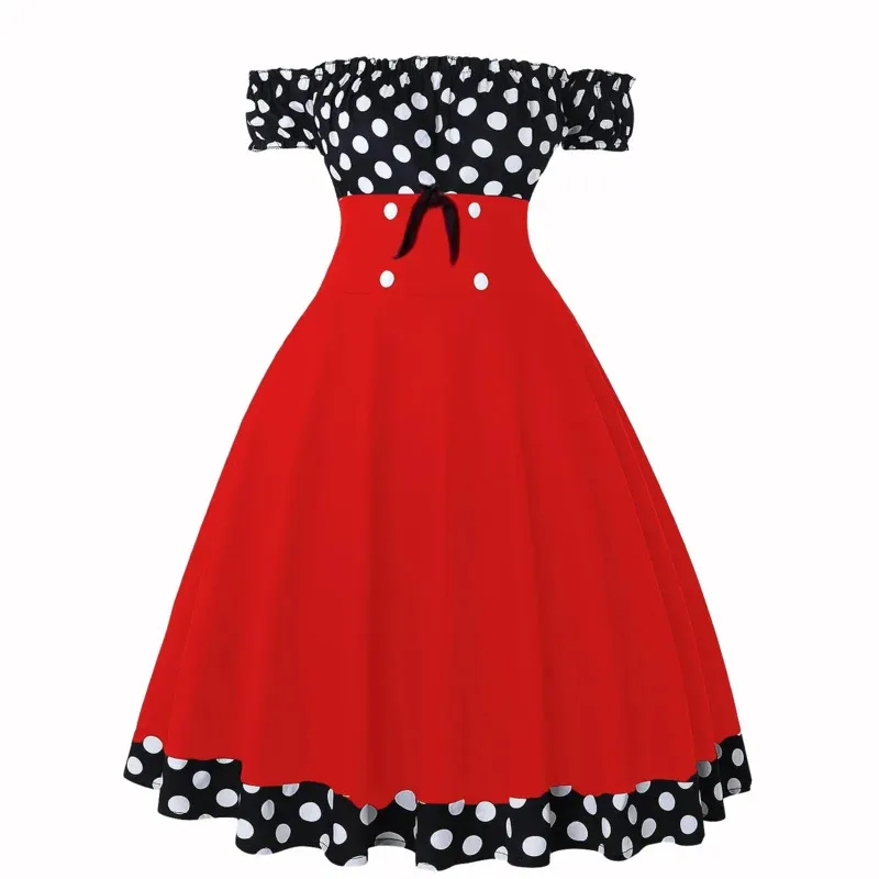 Elegant Polka Dot Patchwork Vintage Dresses Women Robe Hepburn Style Slash Neck Off the Shoulder Summer Party Prom Dress