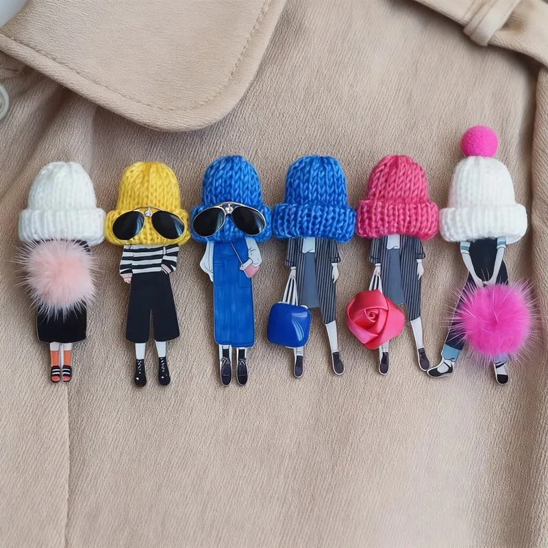 6Pcs Wool Hat Acrylic Brooch Cute Pins Brooch For Woman Bag Clothing Accessories Gifts