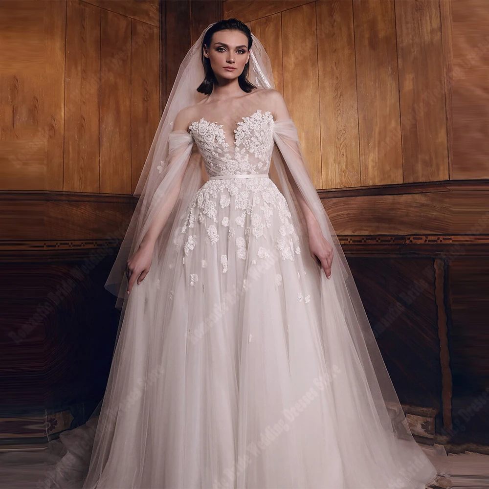 오프 숄더 여성 a 라인 웨딩 드레스 아가 칼라 레이스 꽃 인쇄 신부 가운 Mopping 길이 2025 맞춤형