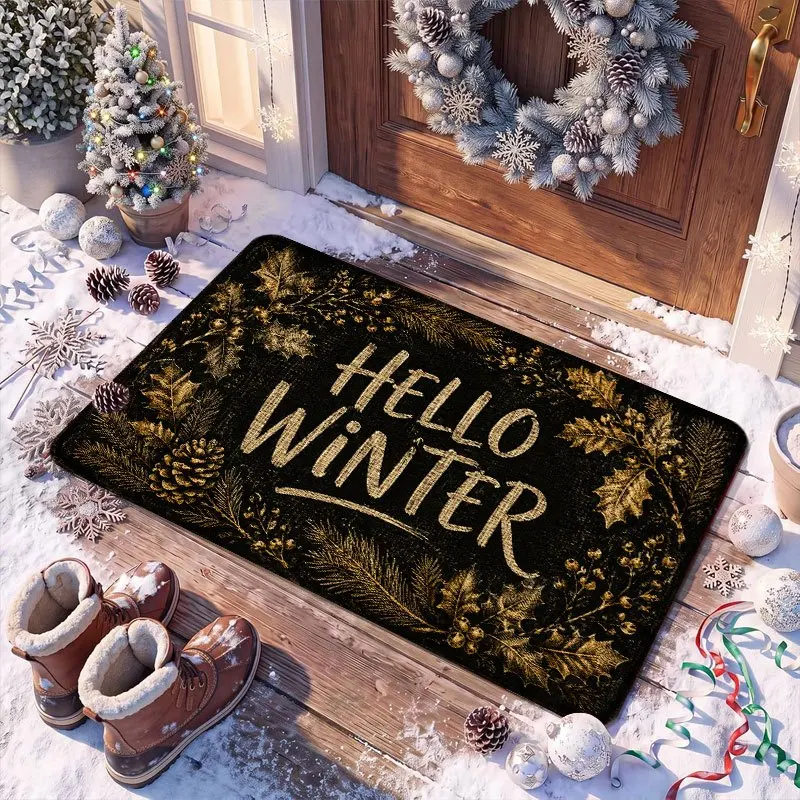 Modern Black Gold Hello Winter Leaf Premium Non Skid Threshold Rug For Seasonal Transition Front Door Entrance Layer
