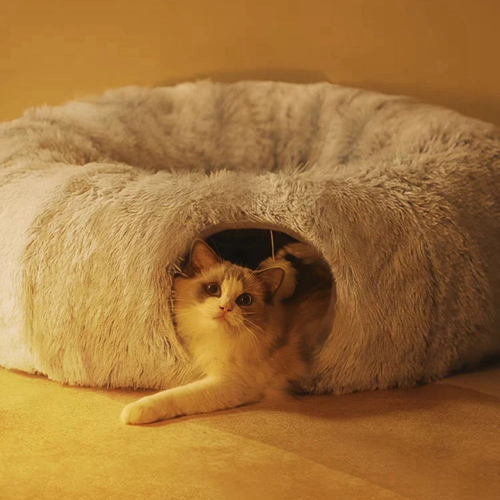 Pet Cat Plush Warm Foldable Multifunctional 2-In-1 Cat Passage Nest Tunnel Dog Sleeping Beds Nest Cat Comfort Mats Kitten House