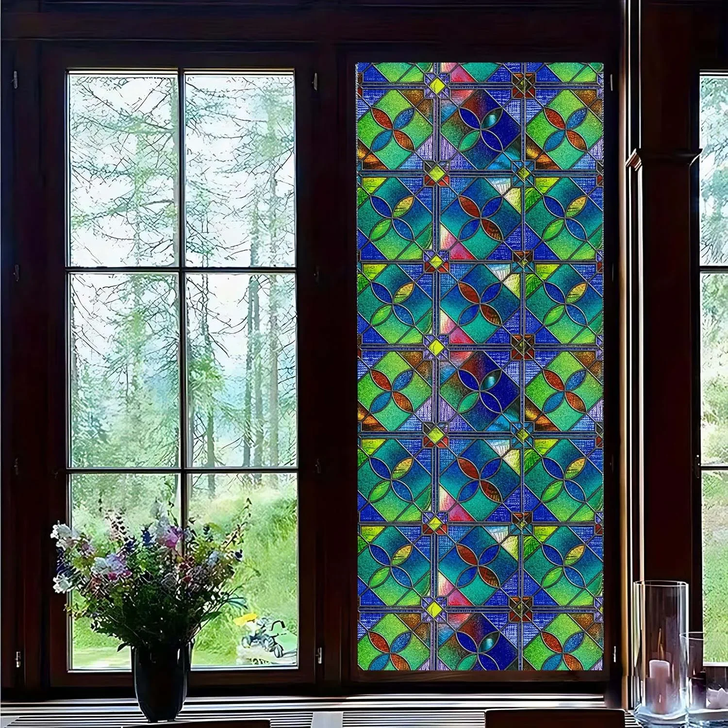 Four-Leaf Stained Glass Pattern Window Film, Non Adhesive Decor Glass Film UV Block Heat Control Reusable Film for Home Bathroom