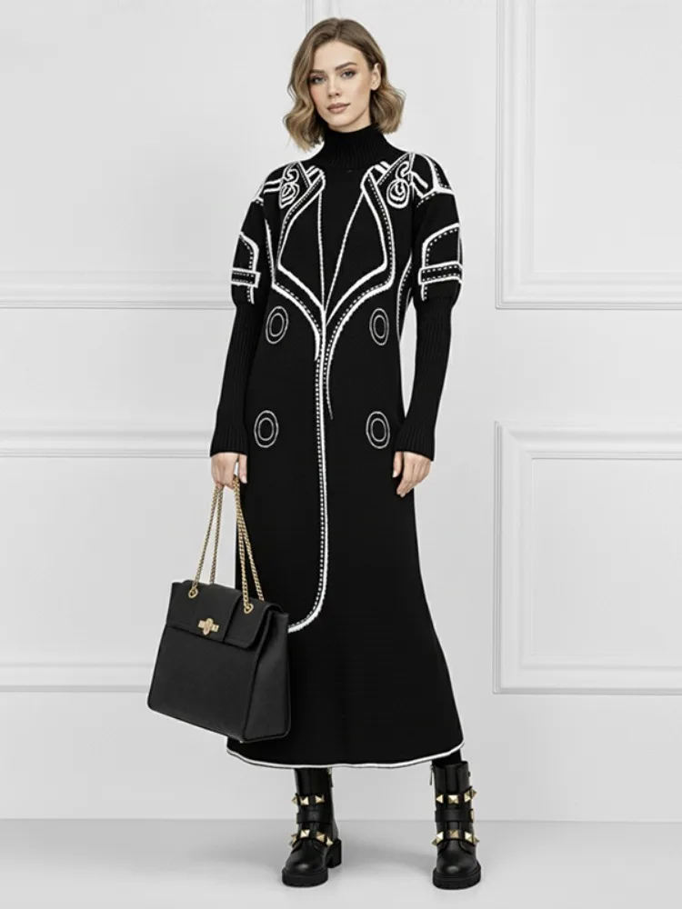 UOOZEE Women's Fashion Black White Contrast Color High Neck Sweater Dresses Long Sleeves Oversized Evening Midi Dress 2026 New