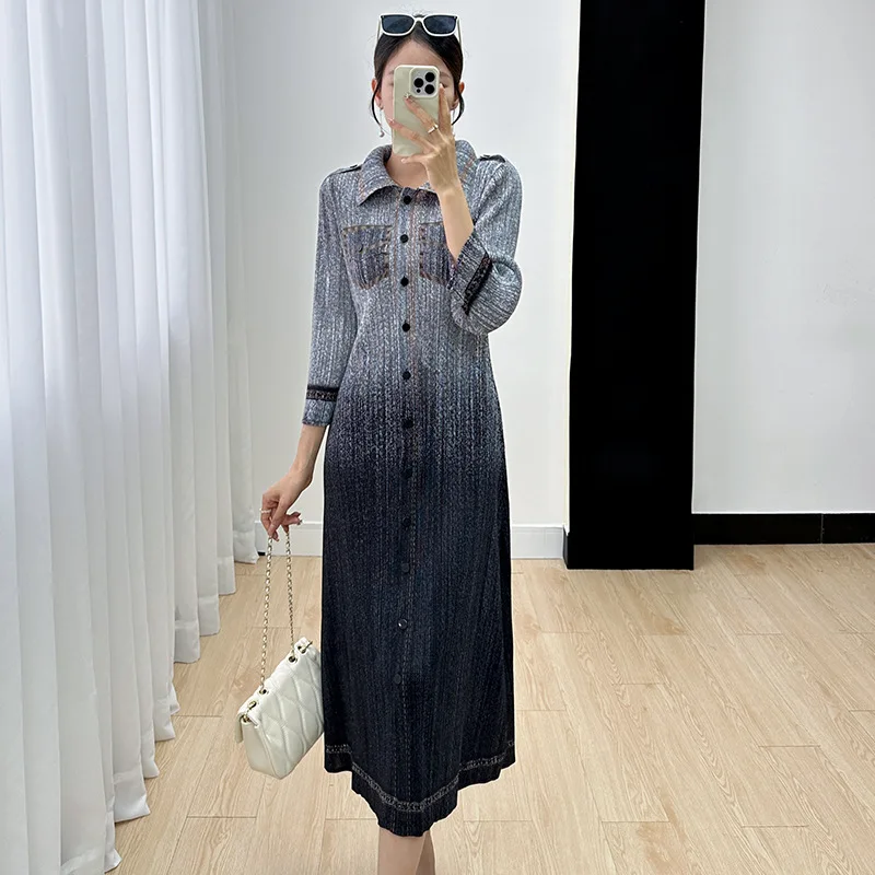 Summer Dress for Women 2024 Autumn New Retro Gradual Wrinkle Style Reduced Age Cardigan Single Breasted Dress