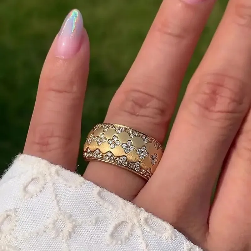 OKLA Italian Retro Jewelry Four-Leaf Clover Zircon Design Gold Color Wide Rings Banquet Party Accessories For Women