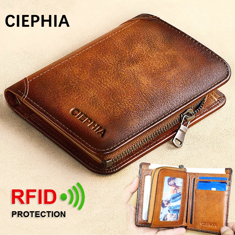 Genuine Leather Wallets for Men Vintage Short Multi Function Business Purse RFID Blocking Zipper ID Credit Card Holder Money Bag