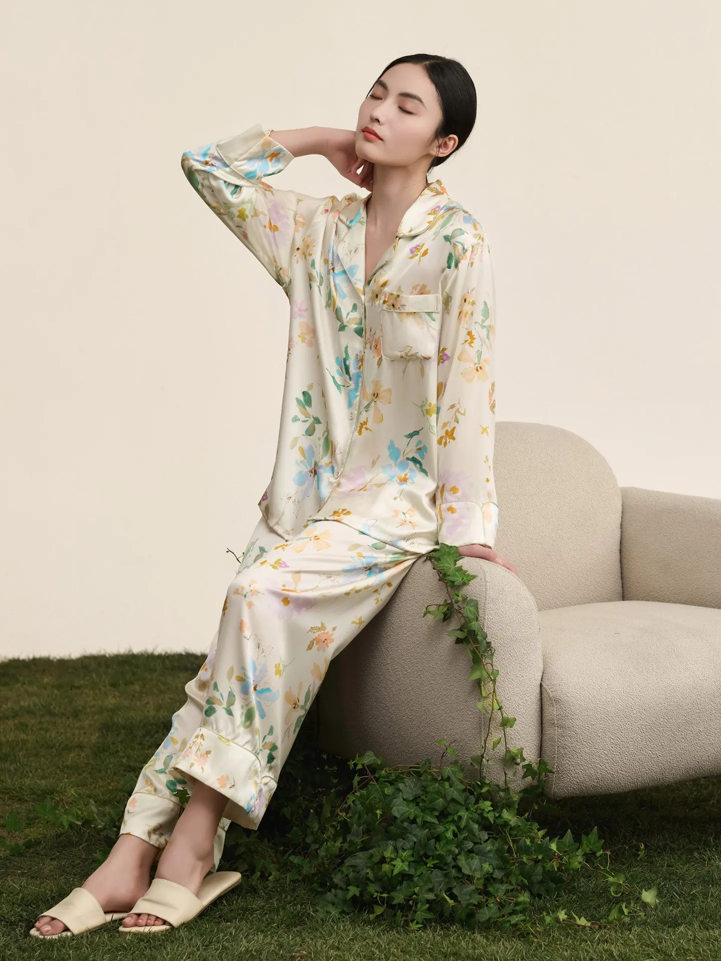 Luxury Floral 100% Natural Silk Loose Fit Pajama Set Spring Autumn Cardigan Homewear Long Sleeve Top & Pants Outwear Loungewear