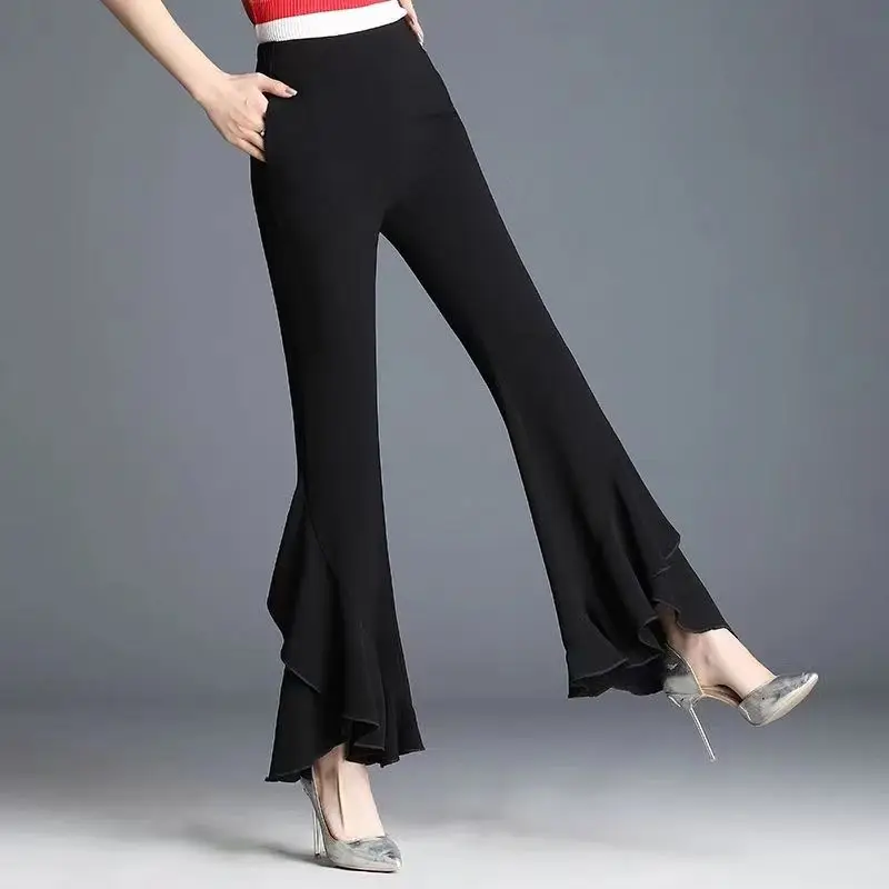 Primavera outono nova cor sólida moda cintura elástica bell-bottoms feminino high street cintura alta babados retalhos calças all-match