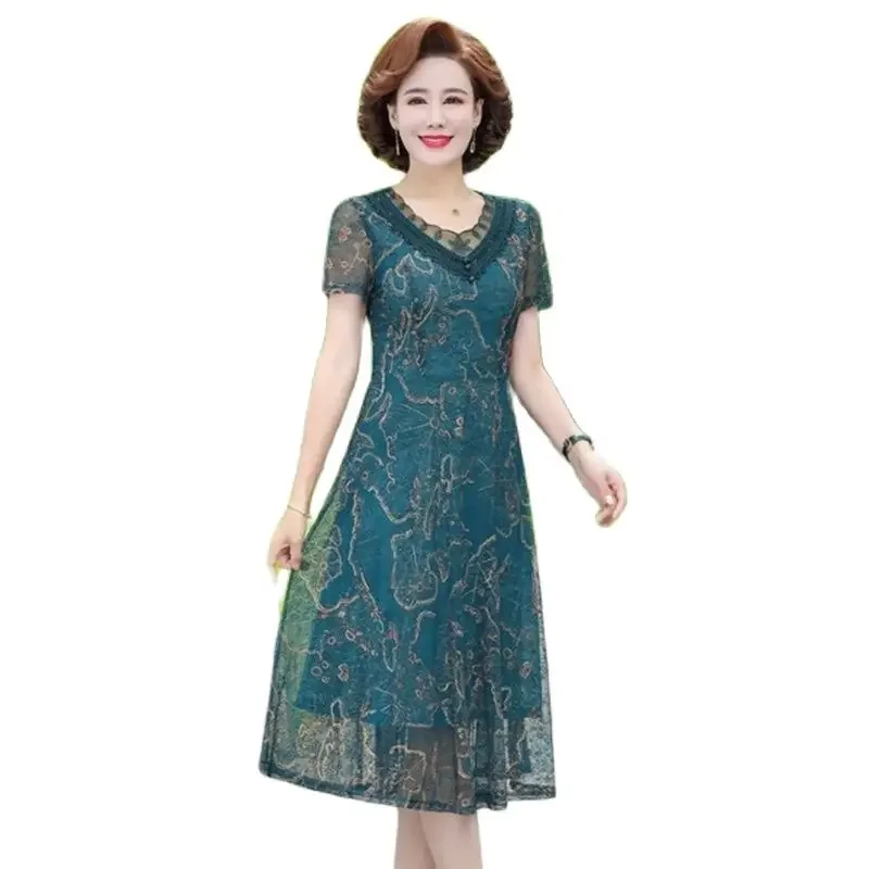 

Floral Women Summer Dresses Middle Age Mother Short sleeve Chiffon Mesh Dress Plus Big Size V-neck Casual Party Beach V211