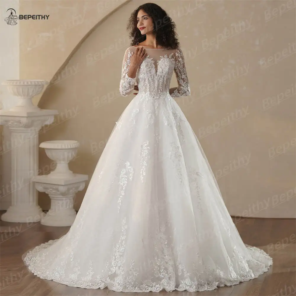 BEPEITHY Customized Scoop A-Line Boho Wedding Dresses With Full Sleeves Vintage Bride Ivory Bridal Gown 2025 Low Back Vestidos image 6