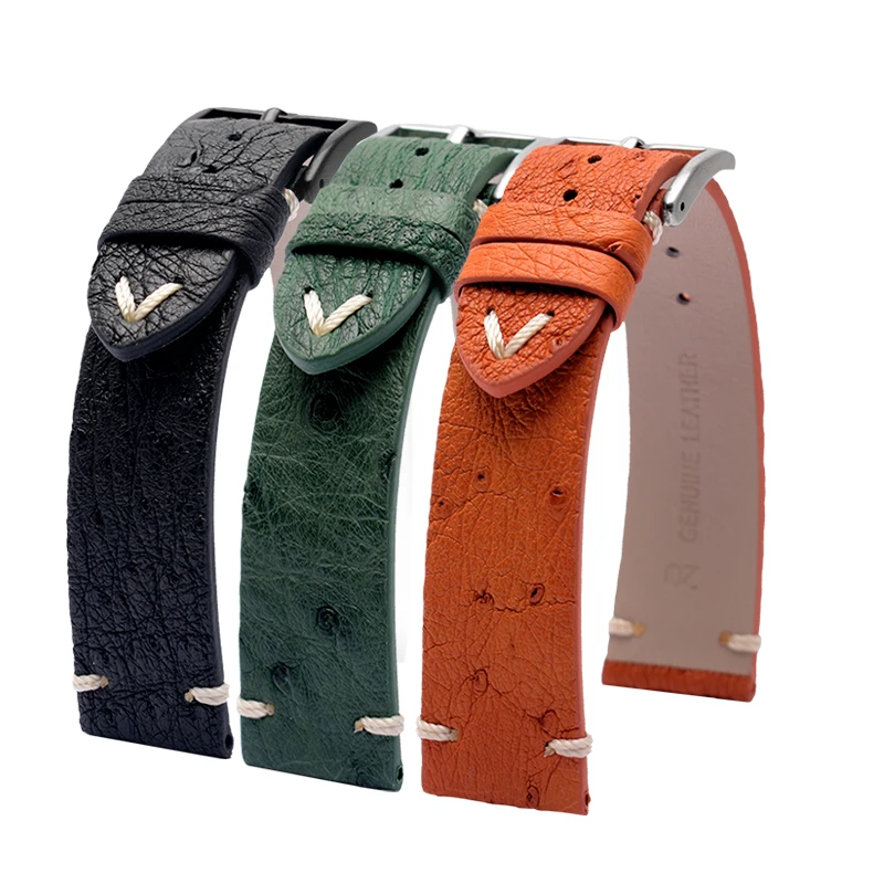 Vintage Ostrich Leather Watchband for Ro-lex Seiko Green Water Ghost Omega Seamaster 300 Watch Strap Bracelet 18mm 20mm 22mm