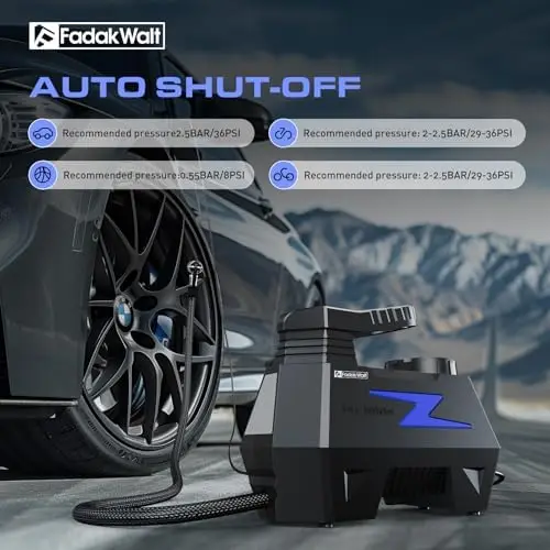 

FADAKWALT 12V Portable Tire Inflator – 150PSI Digital Air Pump for Car, Motorcycle, Bike, Ball (Blue)