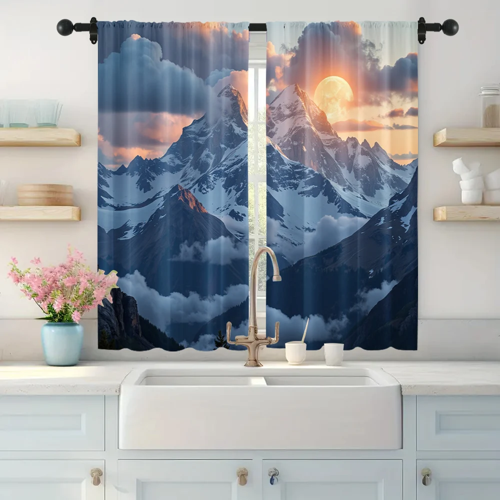 2pc,  Curtain The majestic sunset of Jinshan Versatile Polyester,Without Electricity Spring Party & Holiday Decor for Window