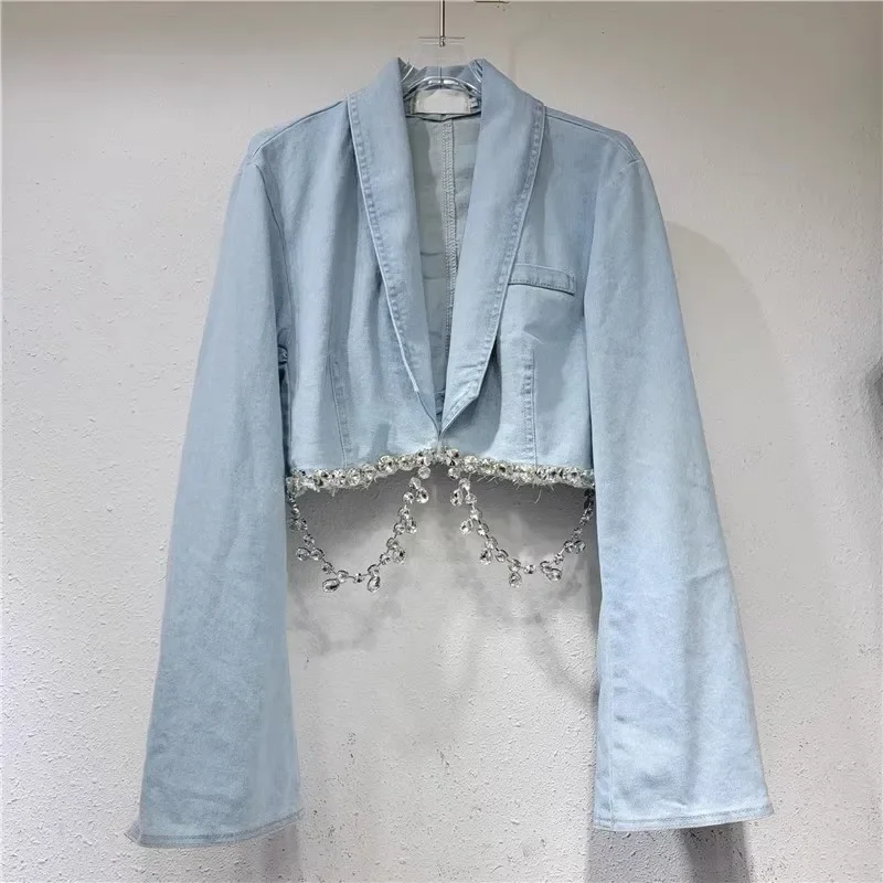 

Fashion Diamond Slim High Waist Female Short Denim Jacket Light Blue Cowboy Cardigan Lapel Long Sleeve Jeans Jacket Spring New