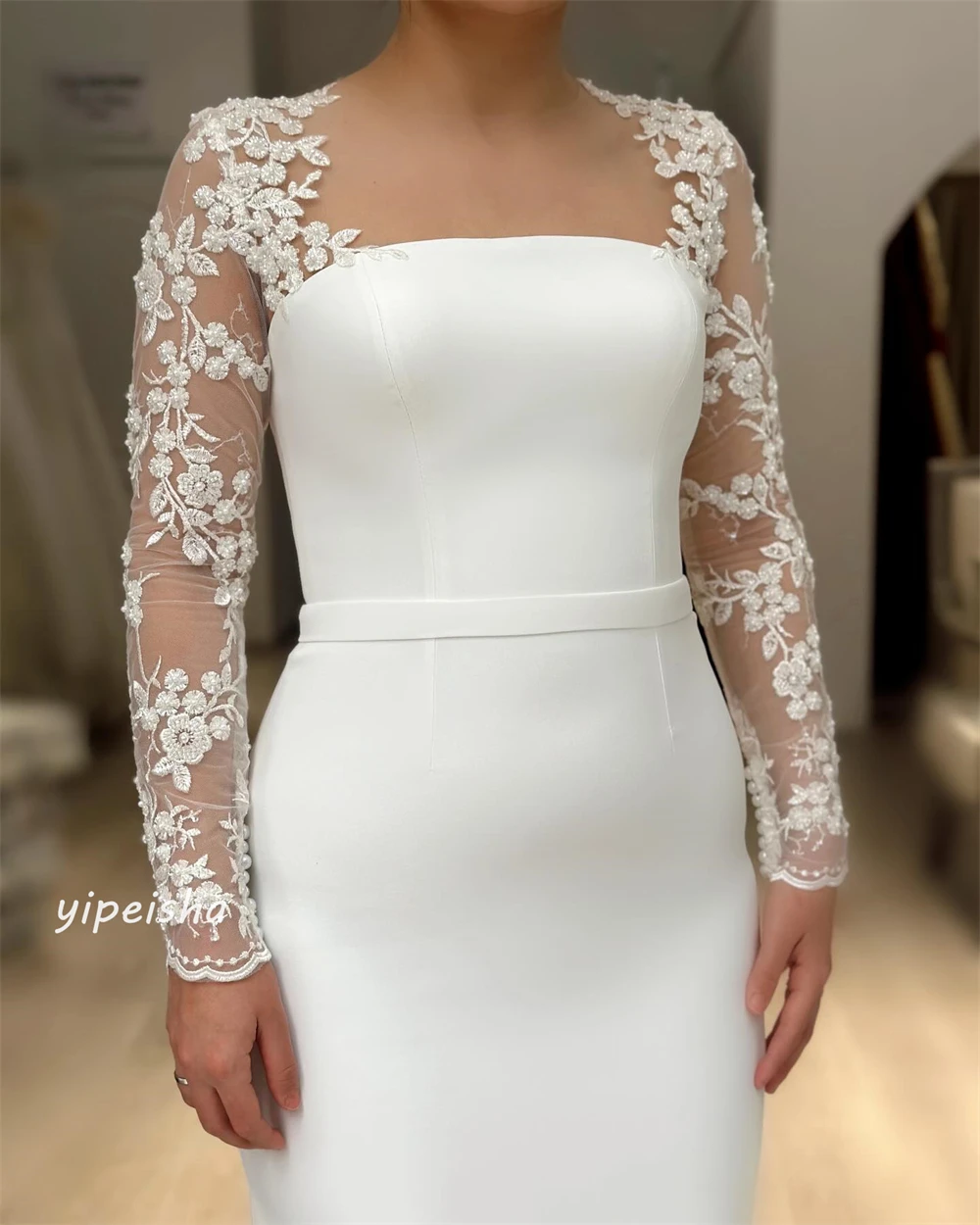 Jersey Applique Perle geraffte Cocktail party A-Linie quadratischen Hals maßge schneiderte Anlass Kleid Midi Kleider