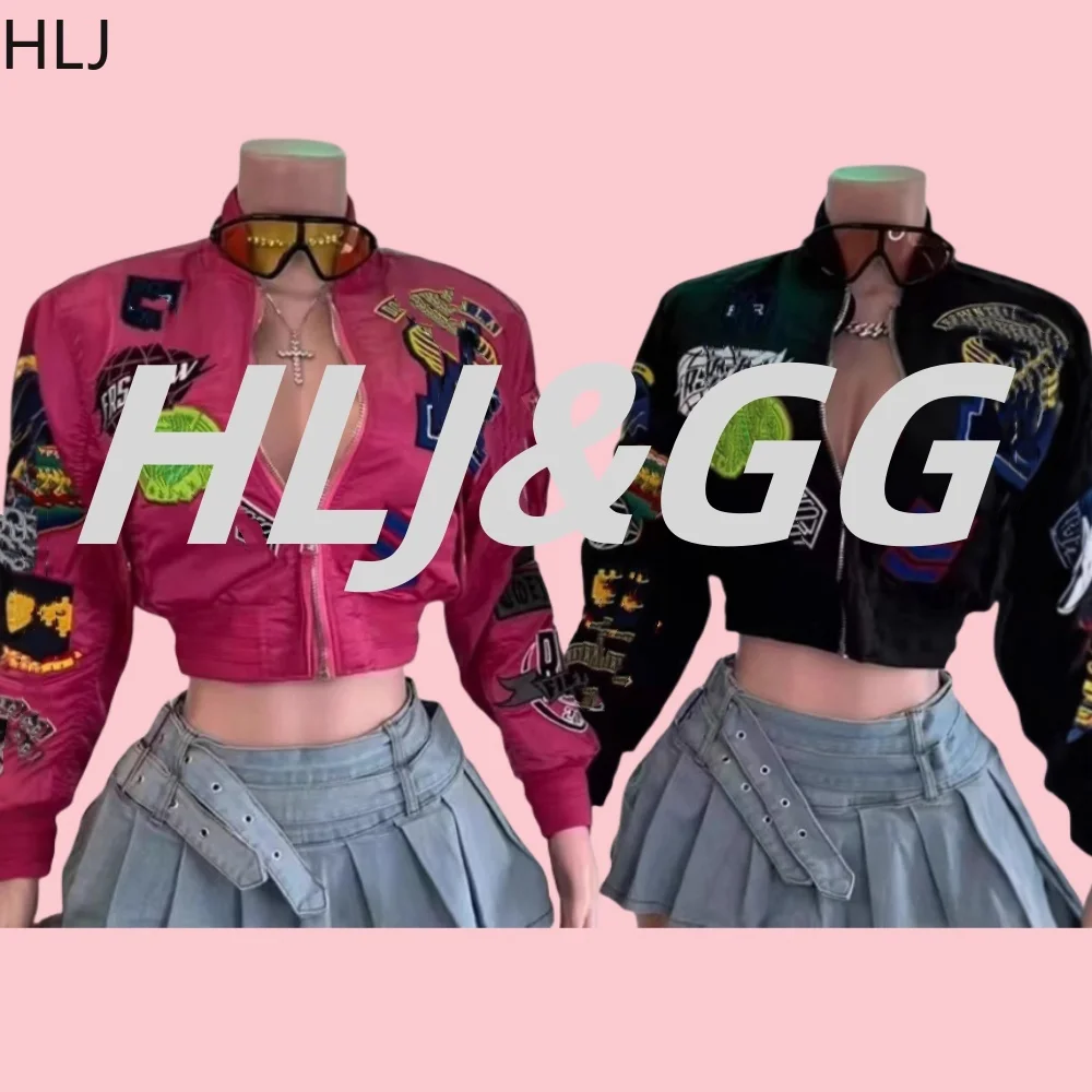 HLJ Y2K Fashion Letter Embroidery Baseball Jackets Women Zipper Long Sleeve Crop Coats Female Trendy Graffiti Tops Streetwear