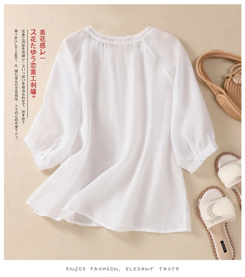 Cotton Linen Chinese Style Women\'s Shirt Summer Embroidery Vintage Blouses Loose Women Tops O-neck Clothing 2024 Korean