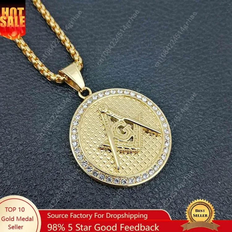 

New hip hop gold color Masonic Necklace Freemason 316L stainless steel Freemasonry Sign Pendant Men CZ Accessories