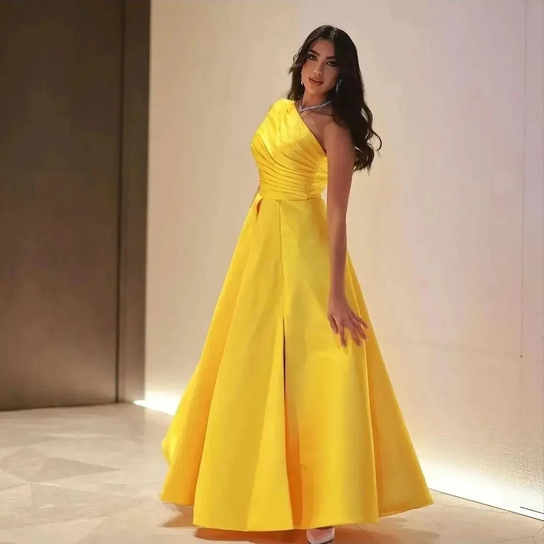 Satin Prom Dresses One Shoulder Ruched Sexy Side Slit Evening Party Formal Dress for Women A Line Robe De Marrige Yellow