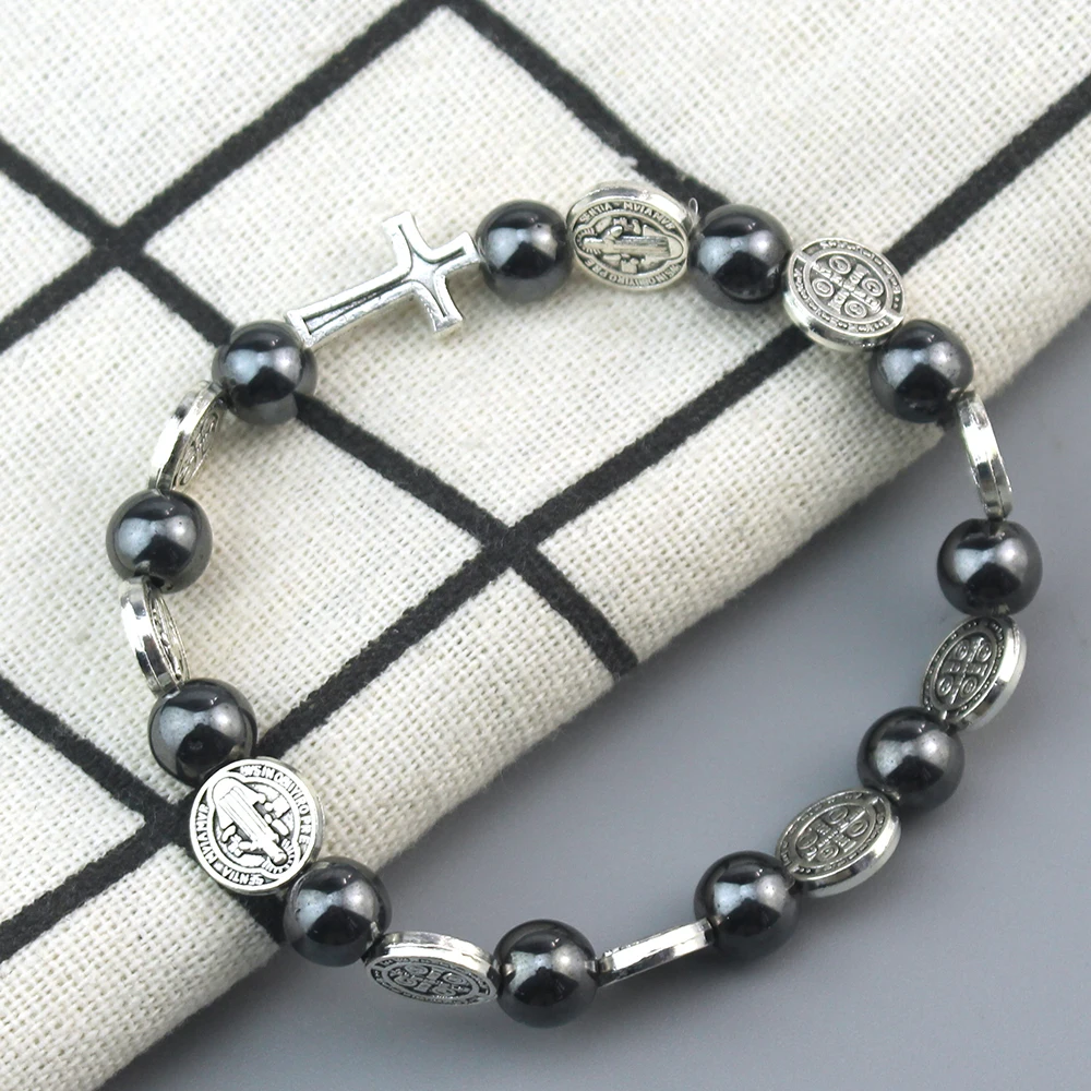 Catholic Rosary Bracelet St. Benedict Medal Cross Prayer Bracelets Hematite Beads Religion Jewelry Accessories image 5